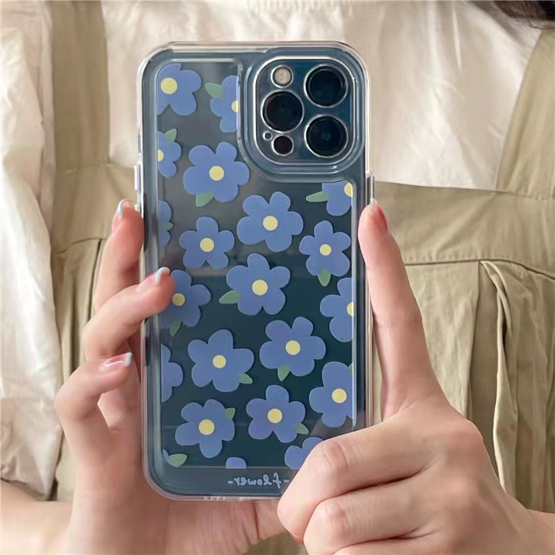 Case Bahan Akrilik Transparan Motif Bunga Biru Untuk iPhone 11 7Plus 8Plus Xr XS 13 12 Pro Max