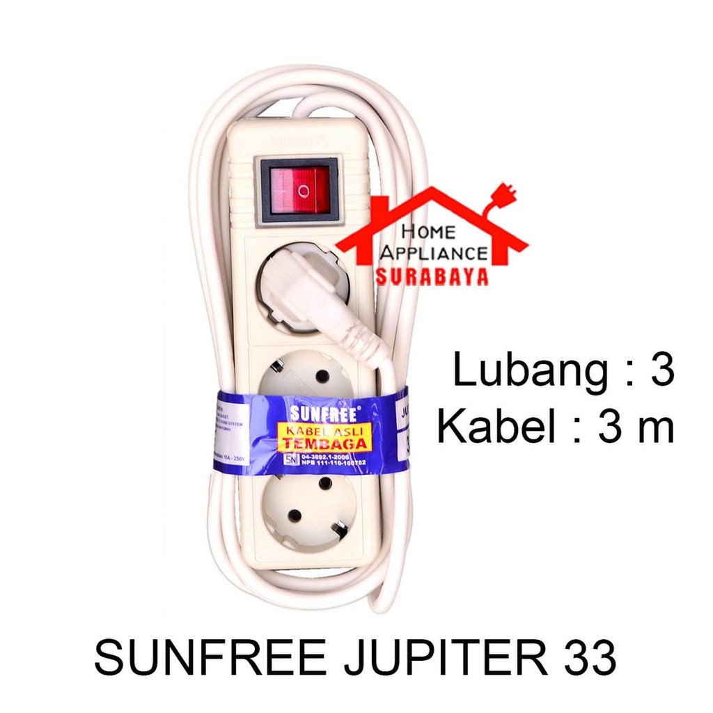 Stop Kontak Arde Saklar SNI Kabel 3 Meter 3 Lubang Sunfree Jupiter 33