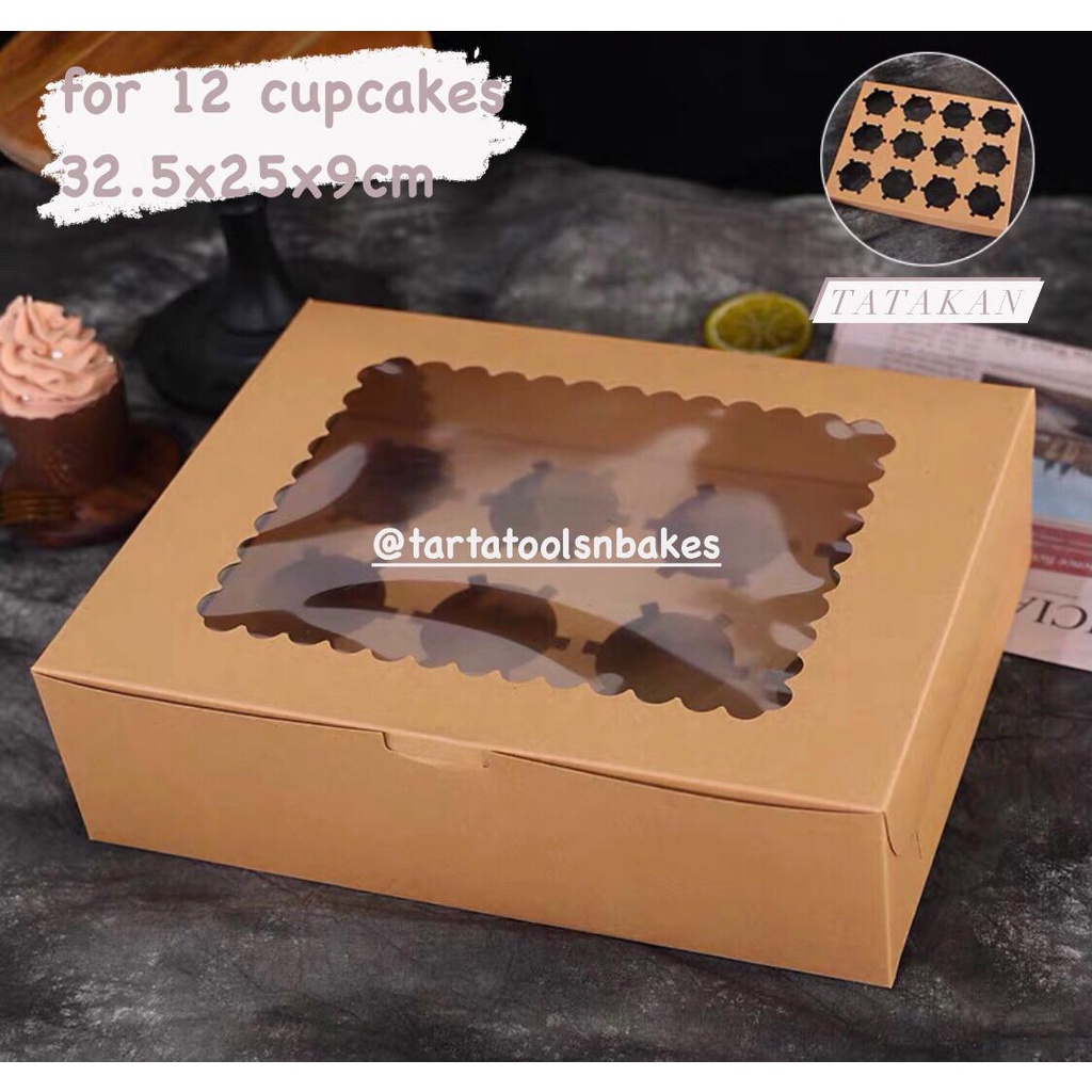 

(5PCS) Kotak Kue Cupcake Segi Coklat Jendela Mika 32,5x25x9CM (for 12 cupcake bulat)