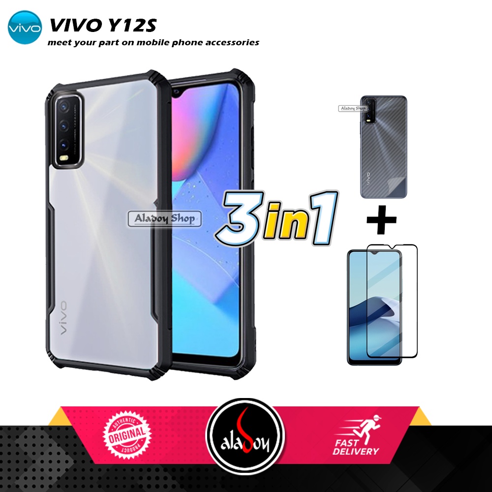 Case VIVO Y12S Armor Fushion Transparent Casing + Tempered Glass Full Layar dan Skin Carbon