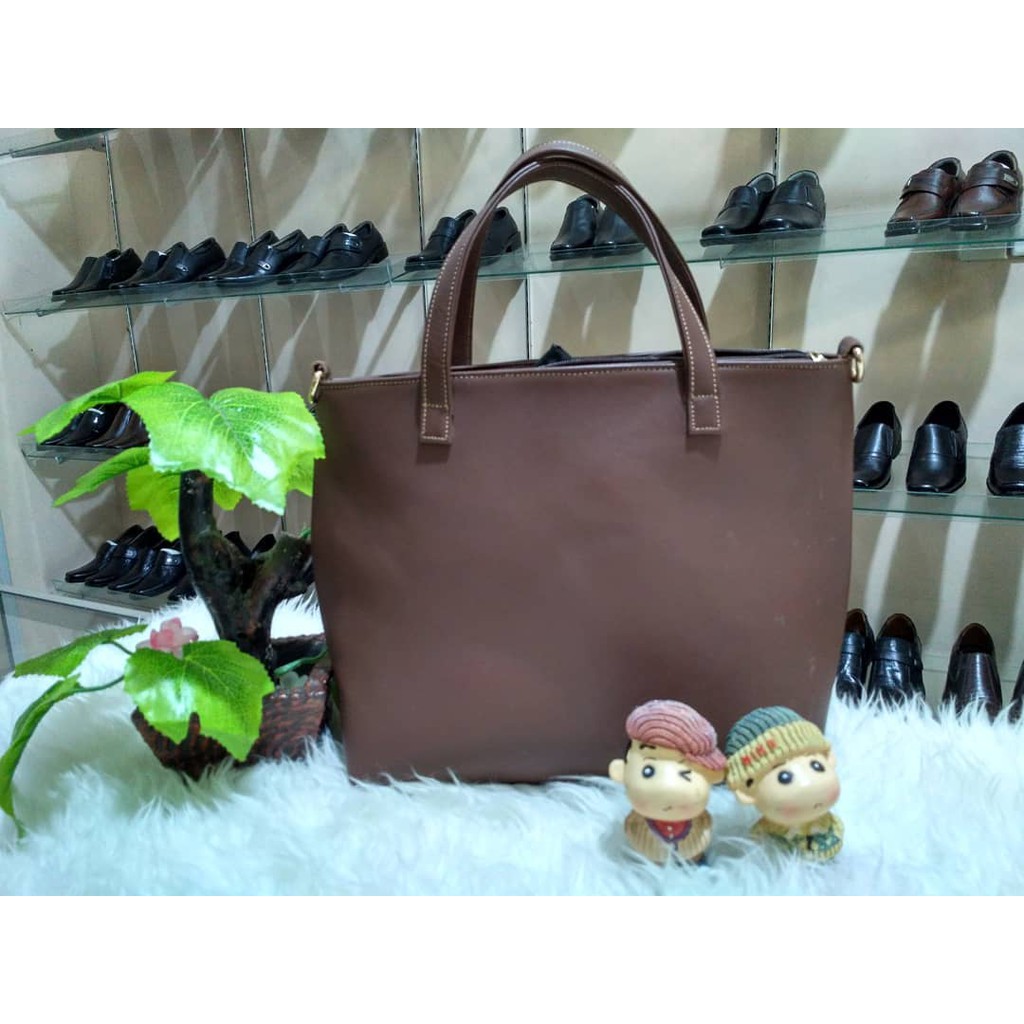 Tas Wanita Model Tote Bag Asli Kulit Sapi Coklat Susu