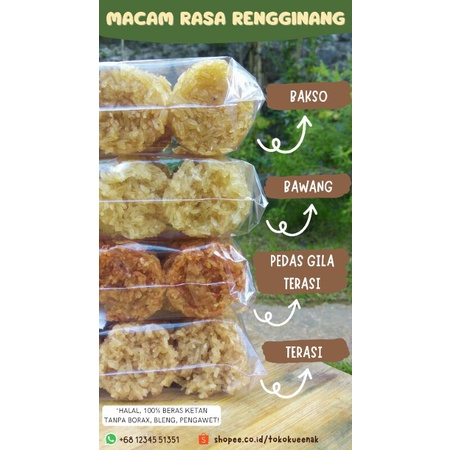 

Kerupuk Rengginang (Krecek, Cecek, Uli, Gina) No Borax/Bleng 100% Beras Ketan Renyak Gurih Enak Tanpa Pengawet Beraneka Rasa Terasi, Pedas Gila Terasi, Bakso, Bawang