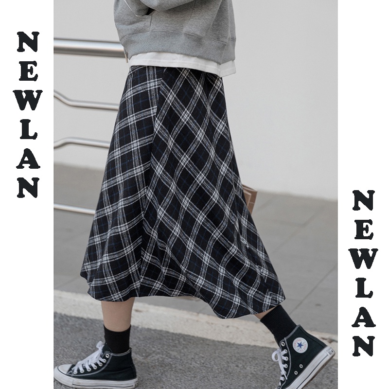 Newlan QZ010 Rok Kotak Kotak Panjang Motif Rok Korean Style Panjang Naya Skirt Kotak Long Skirt-3