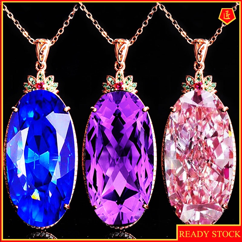 [Ready Stock]Luxury Inlaid Sapphire Pendant Pink Diamond Necklace for Women