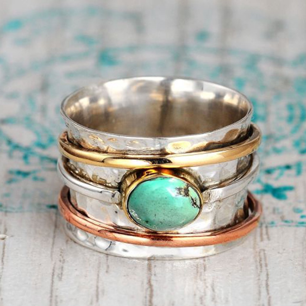 Hu Hu Hu Hu Hu Alat Bantu Pasang Kacamata♡ Cincin Pria Tiga Warna Turquoises Gaya Bohemian Vintage Untuk Kencan