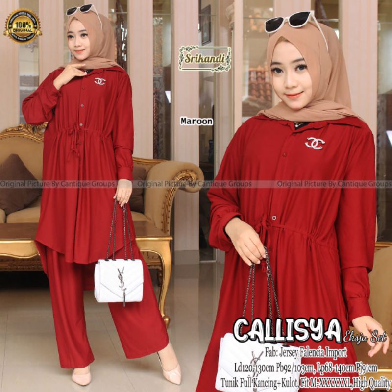 Calisya Ekstra Jumbo Set Pakaian Wanita Setelan Tunik Full Kancing +Kulot Fab Jersey Falencia Import