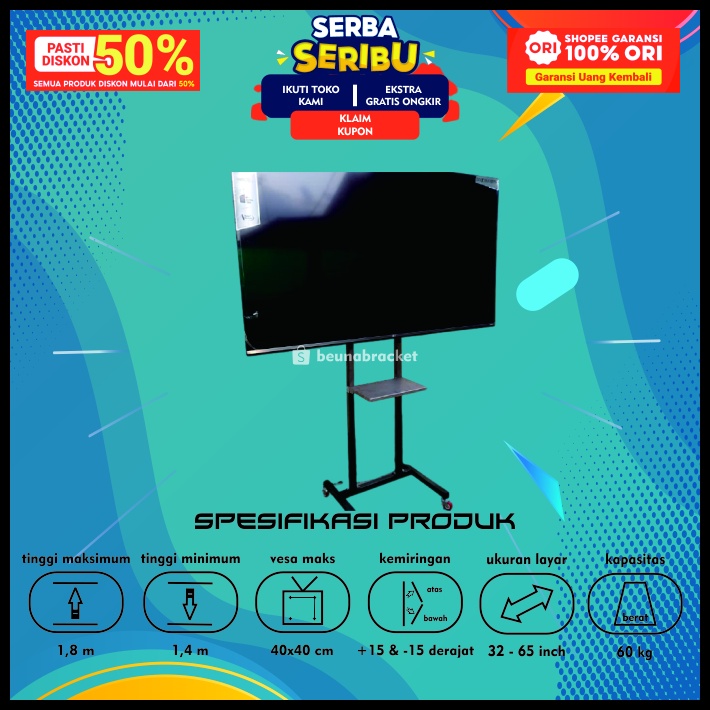 Bracket TV Standing 32 55 50 43 42 40 24 65 60 17 14 Inch Dijamin Cocok LED LCD Plasma 14 - 60 In Universal Breket TV Briket TV Braket TV Standing TV Stand TV Kaki TV Gantungan TV Tembok Tempelan TV Dinding BB1 Holo Roda