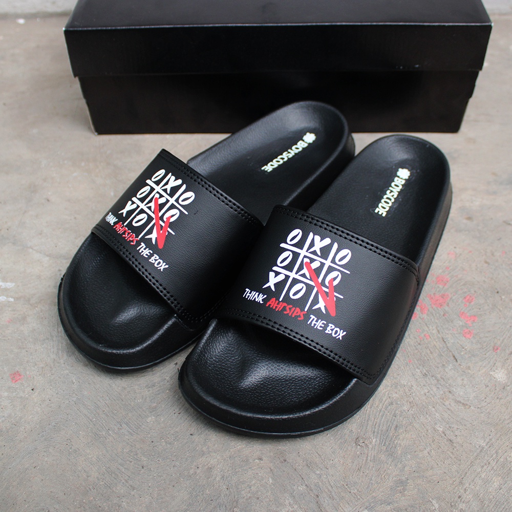 Sendal Slide Pria Distro Boyscode Tic Tac Toe XOX Original Hitam / Sendal Selop Kekinian