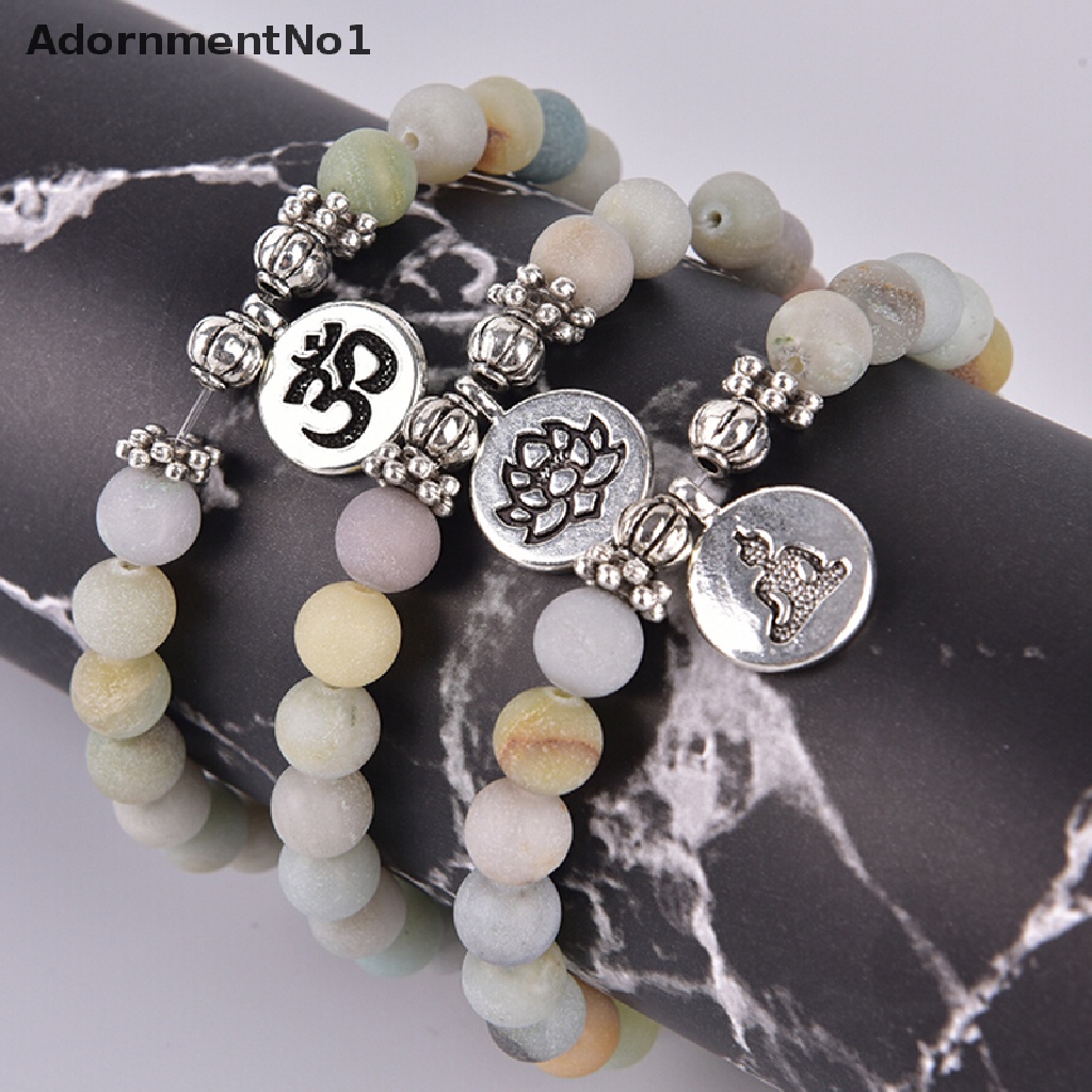 (AdornmentNo1) Gelang Tangan Manik-Manik Batu Amazonite Matte Aksen Lotus Untuk Pria / Wanita / Yoga