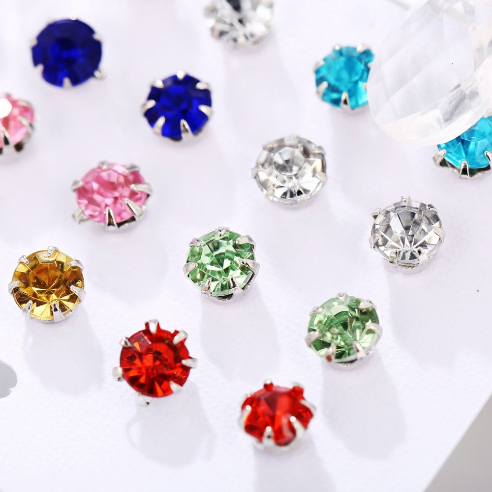 12 Pasang / Set Anting Tusuk Bentuk Bulat Geometris Aksen Kristal Warna-Warni Untuk Wanita