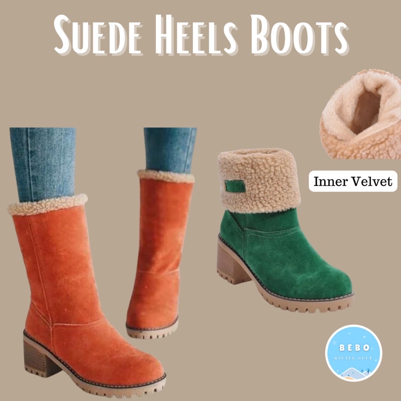 Sepatu Boots Suede dengan Heels  Winter Suede Boots