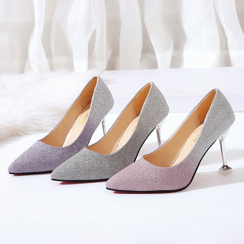 Sepatu Hak Tinggi Wanita Pernikahan Pengantin Terbaru Korea Murah Runcing Elegan Modis Warna Gradient Ungu Abu Purple Pink Grey Import Pointed Toe Stiletto Pump 9cm High Heels Wedding Shoes - Ukuran 34 35 36 37 38 39 40