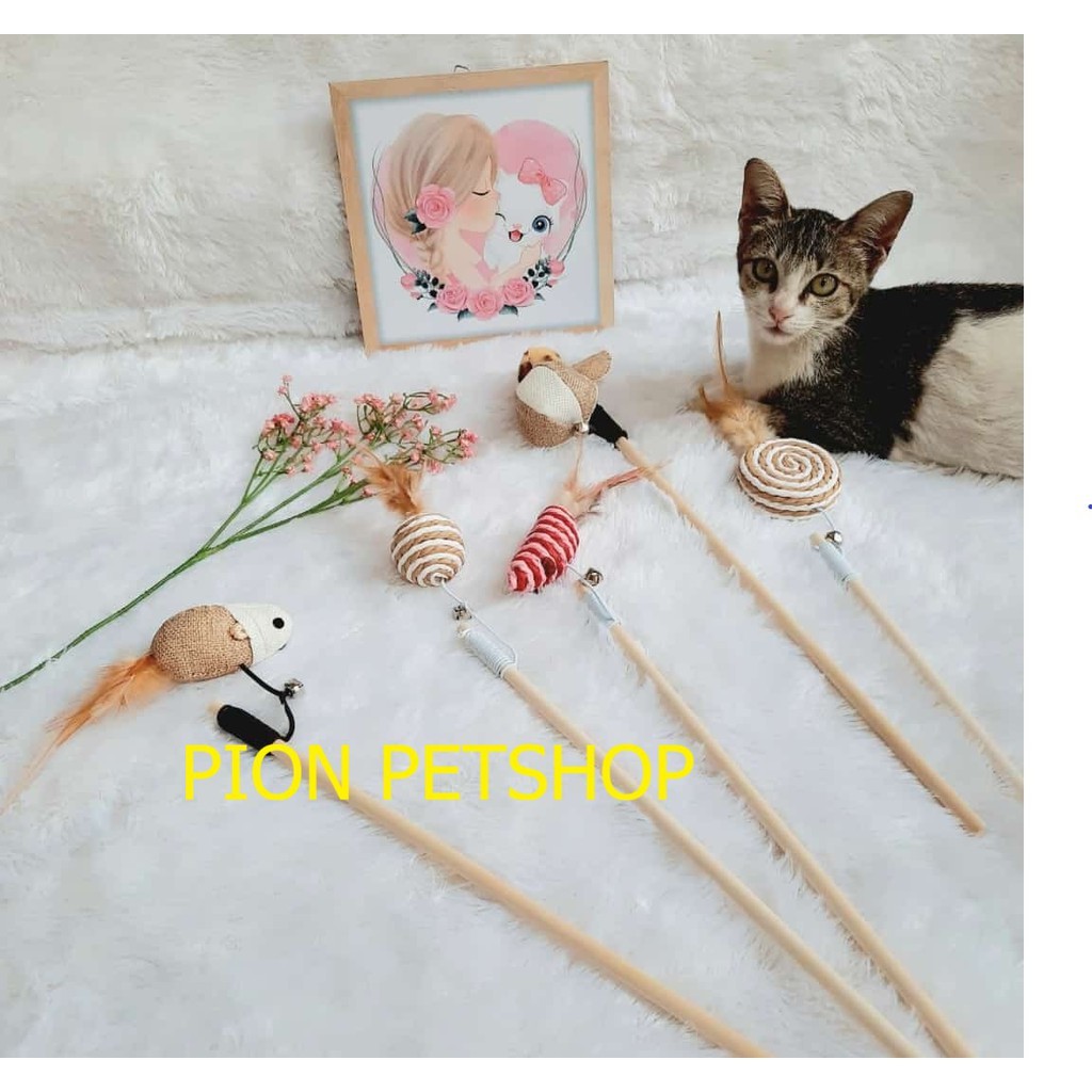 Cat Teaser/Mainan Kucing Stick Tongkat Kayu Umpan Pancing  Lonceng Premium