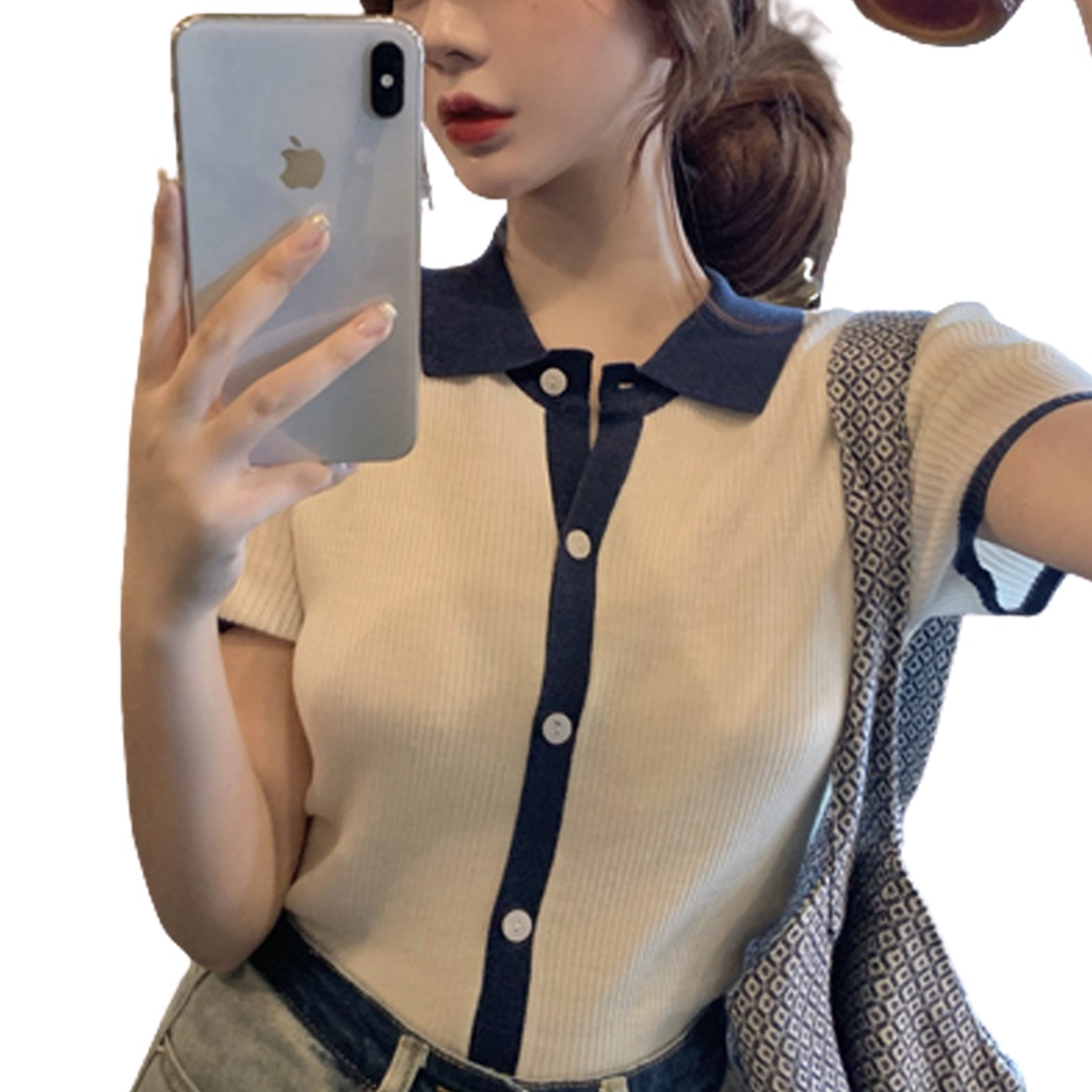 BAJU RAJUT POLO KNIT WANITA GAYA KOREA CROP POLO SHIRT IMPOR
