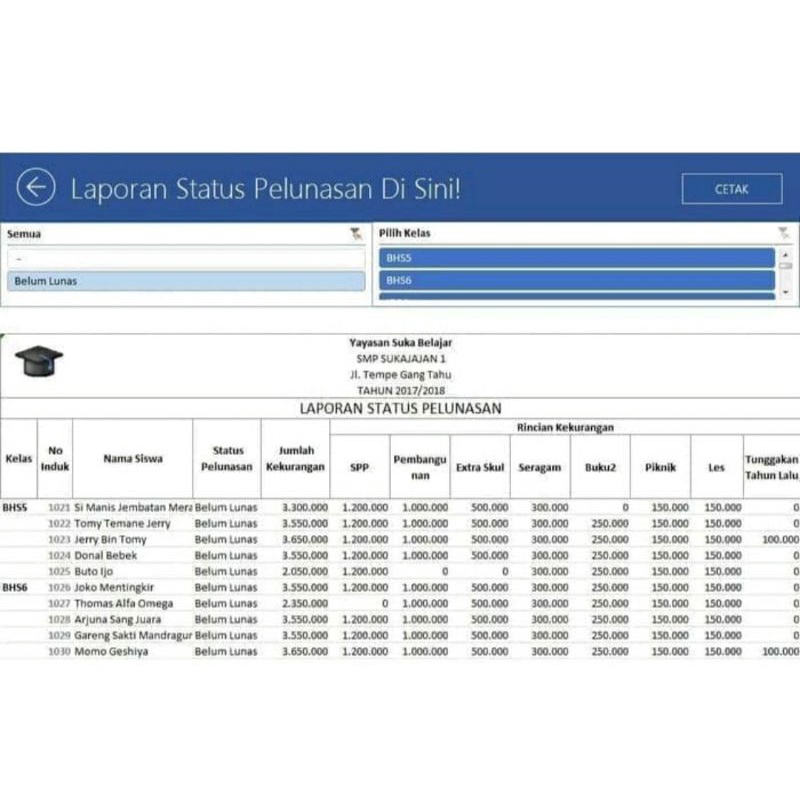 Software Excel Program Keuangan Pembayaran SPP