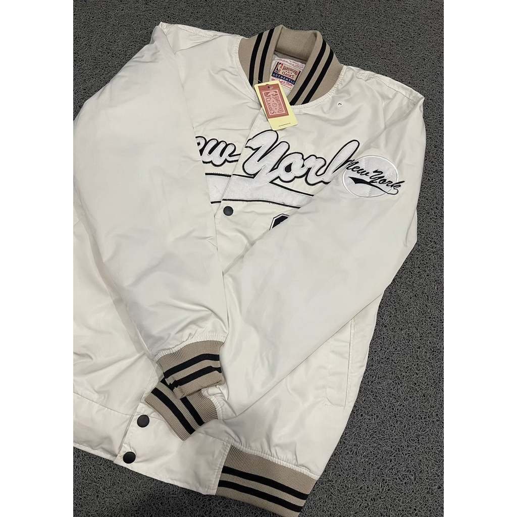 NEW YORK JAKET BOMBER VARSITY WHITE SU SATIN PREMIUM VINTAGE BASKET NY