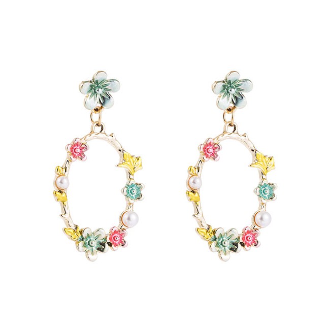 LRC Anting Tusuk Fashion Color Dripping Alloy Flower Earrings With Pearls D94295