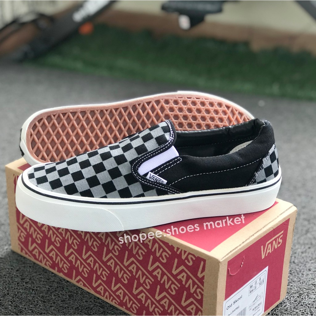 Vans Slip On Checkerboard Black Grey Sneakers Pria