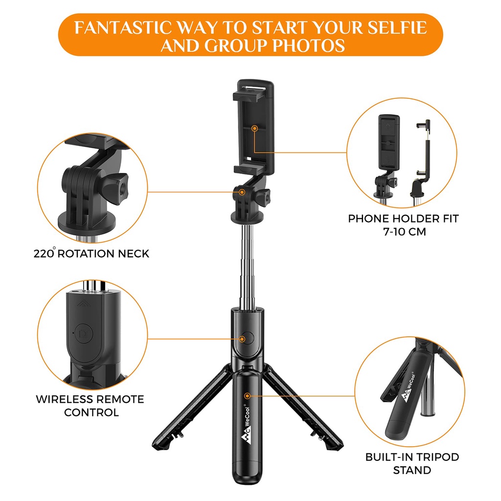 WeCool  S1 Bluetooth Extendable Selfie Sticks Tongkat Selfie Bluetooth yang Dapat Diperpanjang dengan Remote Nirkabel dan Tripod Stand 3-in-1 Multifungsi Selfie Stick dengan Tripod Stand Kompatibel dengan iPhone dan all phones