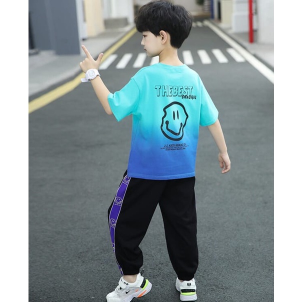 BAJUKIDDIE MR SMILE SET BAJU SETELAN ANAK COWOK KOREA IMPOR FASHION CASUAL DAILY KAOS CELANA PANJANG