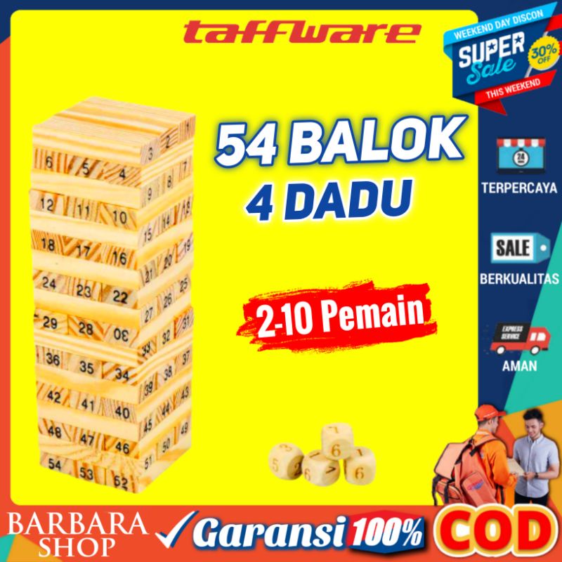 Permainan Uno Stacko Balok Susun Kayu 54 Balok dengan 4 Dadu Taffware