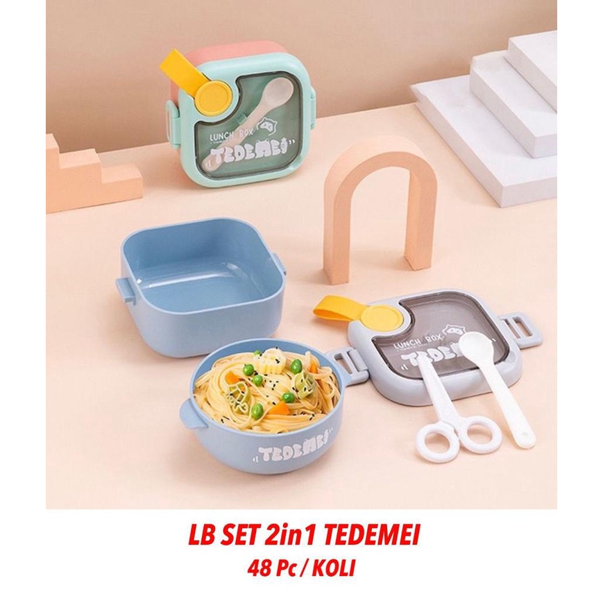 LB21 LUNCH BOX 2IN1 TEDEMEI Kotak Makan Bekal Siang Free Sendok &amp; Gunting