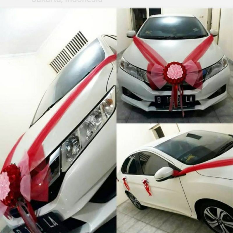 BUNGA MOBIL PENGANTIN/hiasan bunga mobil pengantin/model bulat- merah pink