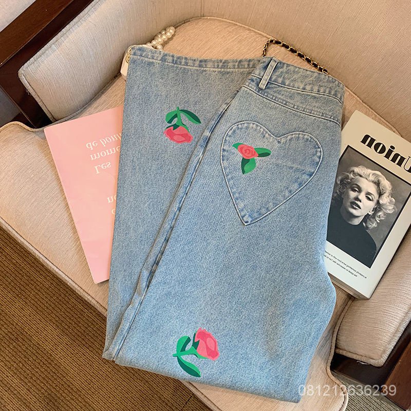 #Sisjuly# Woman's Love Flower Straight Tube Loose Jeans Women's Spring Autumn High Waist Casual Vers