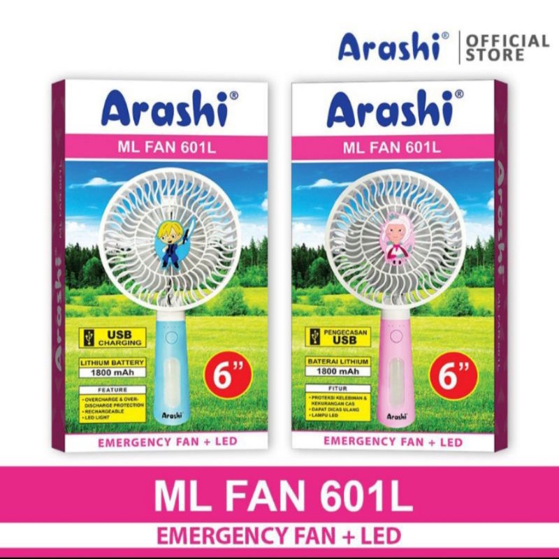 Kipas genggam portable jumbo 6 inci Arashi 601L Handy fan portable dan lampu emergency lamp rechargeable