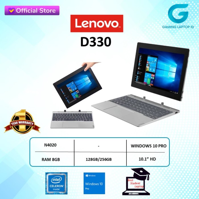 {MahesStore} Lenovo Slim D330 Flex TOUCH N4020 8GB 256GB W10Pro 10.1inch - 128 gb Diskon
