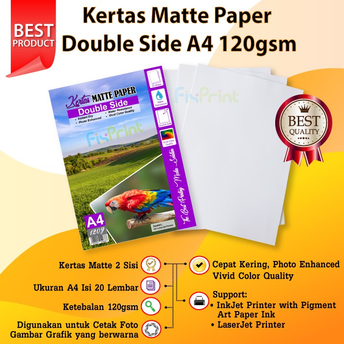 Kertas Matte Paper Double Side A4 120gsm, Kertas Matte Printer A4 20pc