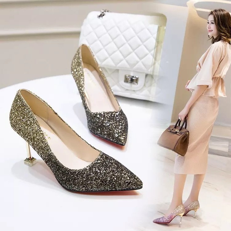 RYS - Glitter Bride Sepatu Hak Runcing Berkilau Wanita Fashion Casual / Pesta - Ori Import