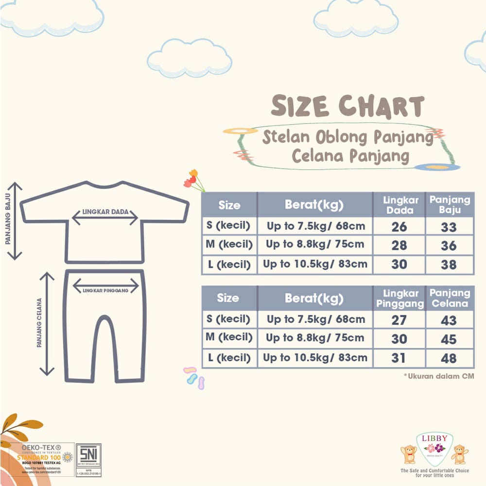 Libby Stelan Oblong Baju Panjang &amp; Celana Panjang Meadow Land Series (Satu Set Isi 3Pcs)