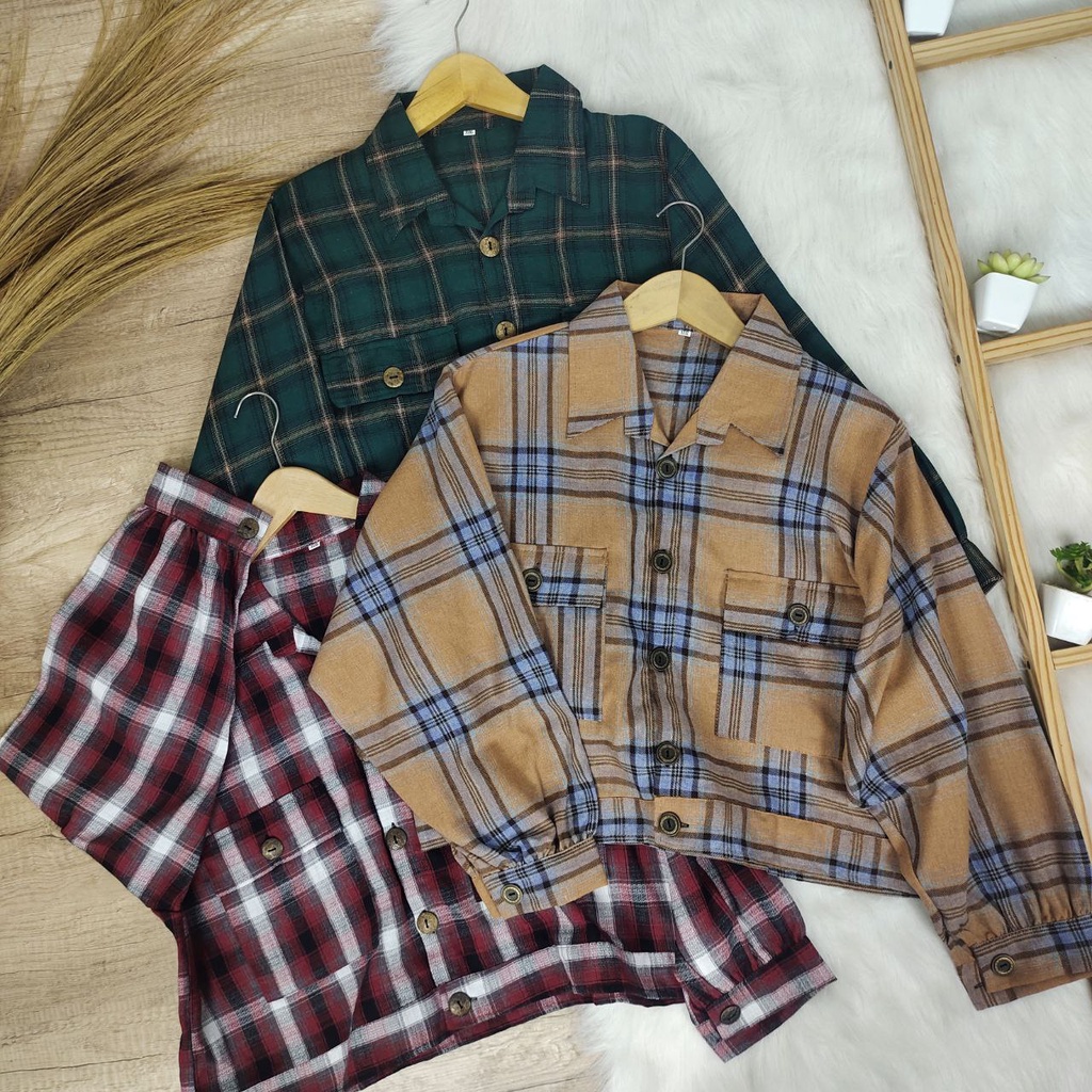 JAKET TARTAN FLANEL JUMBO BIGSIZE OVERSIZE CROP LD 120 130 140 (COD)