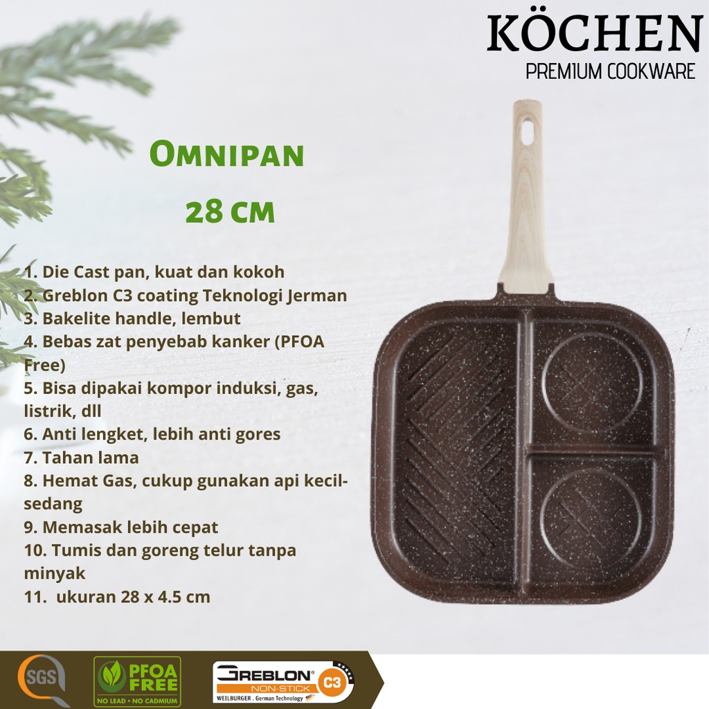 Omnipan 3 sekat Granite coklat Kochen 28 cm anti lengket German Greblon pabrik carote