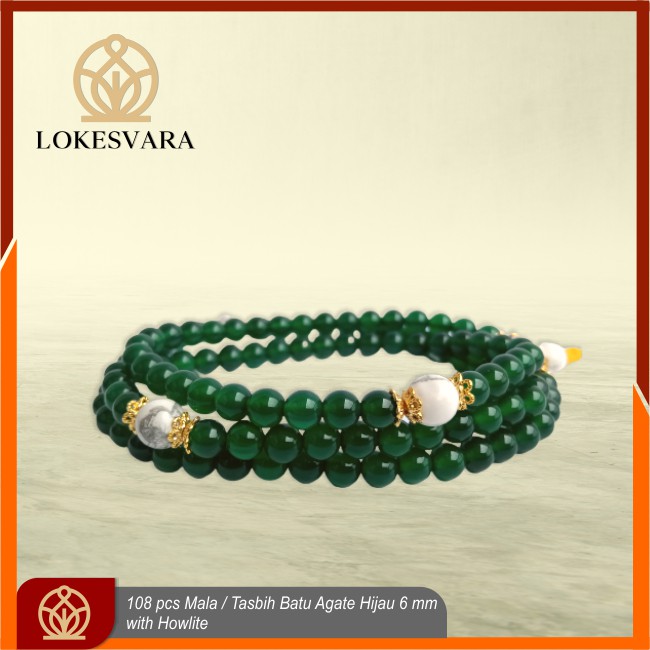 Mala Tasbih Buddha Batu Kristal Agate Hijau With Howlite