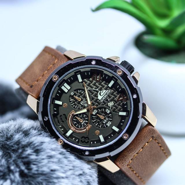 A+☆ Jam Tangan Pria QUIKSILVER Sporty Tali Kulit Tanggal Aktif chrono variasi