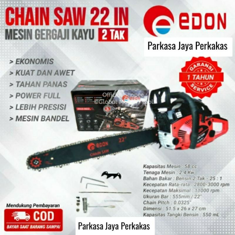 Chain Saw EDON 22in EDON ED15-5882 (2tak) Mesin Gergaji Kayu 22in EDON Gergaji Potong Pohon Kayu