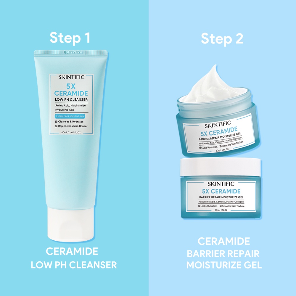 [bpom] SKINTIFIC 5X Ceramide Kit Low pH Cleanser &amp; Barrier improve Moisture Gel Kulit  Sensitif