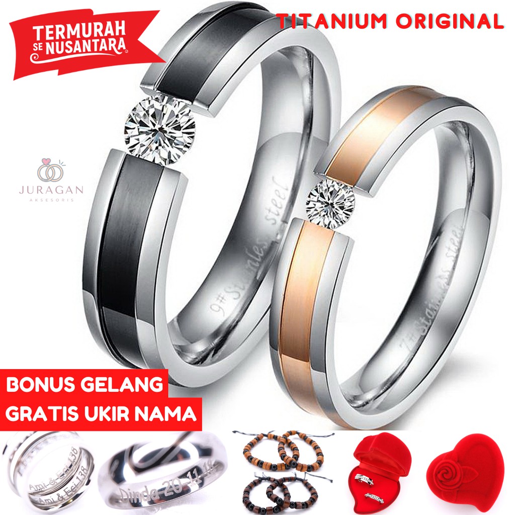 [HIGH QUALITY] Cincin Couple BUCIN R11 Titanium Ukir Nama + Box Cincin Beludru + BONUS Gelang Couple