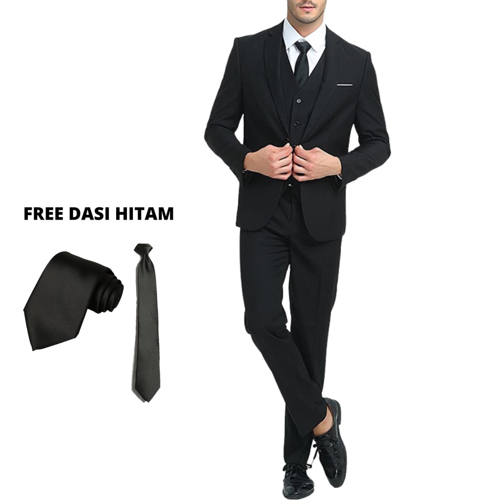 SETELAN JAS PRIA HITAM JETBLACK ( FREE DASI HITAM ) / SETELAN JAS PRIA / SETELAN BLAZER PRIA / SETEL