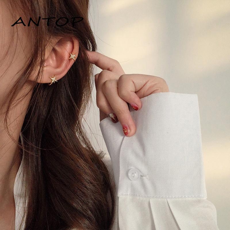 Anting Emas Perak Tidak Ada Perforasi  Kristal Klip Tulang Rawan Rumbai Star Earrings Jewelry for Women Lady Gift ANTOP