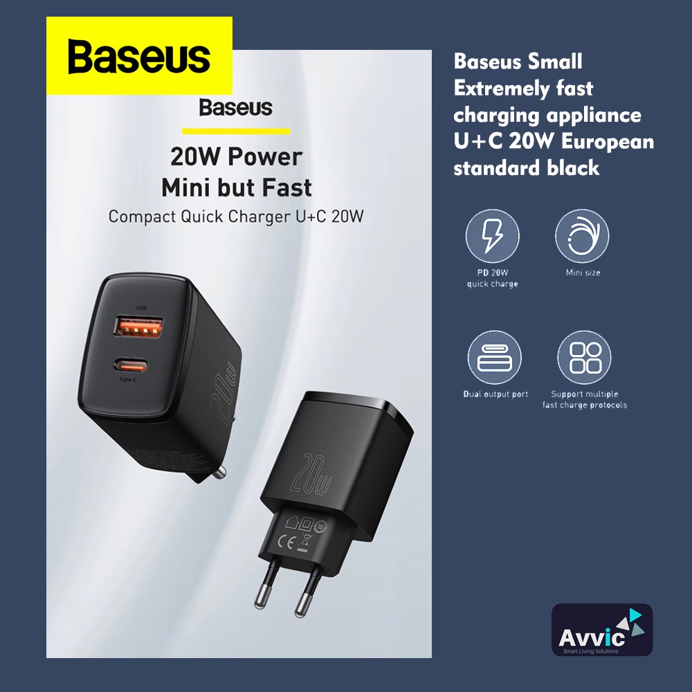 Baseus Kepala Charger Dual Port Type C + USB 20W Quick Charge QC PD Fast Charging