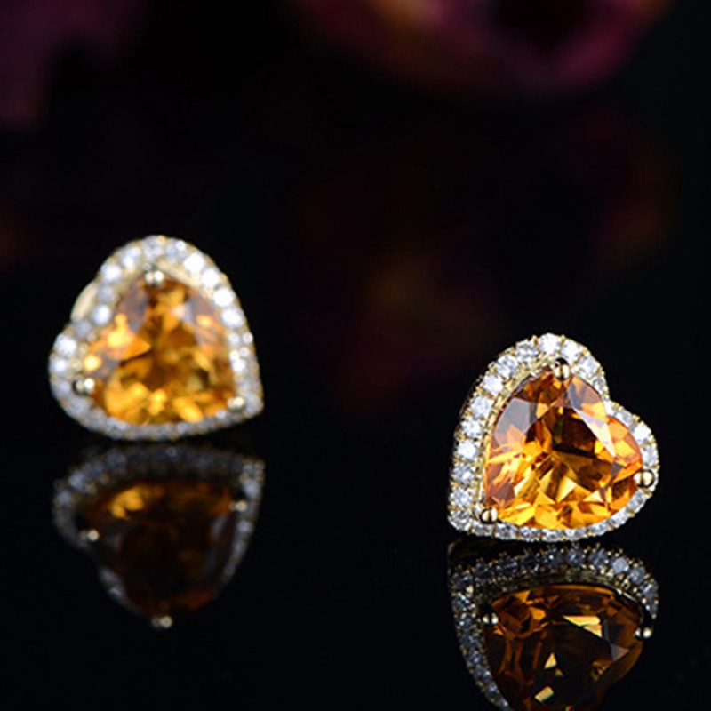 Fancyqube Anting Stud 925 Silver Bentuk Hati Aksen Batu Permata Zirkon Citrine Untuk Wanita