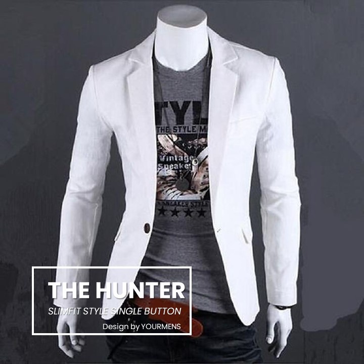 BLAZER PRIA SLIMFIT PUTIH FORMAL HUNTER WHITE KANCING 1 ORIGINAL NIKAYU HIGH TWIST