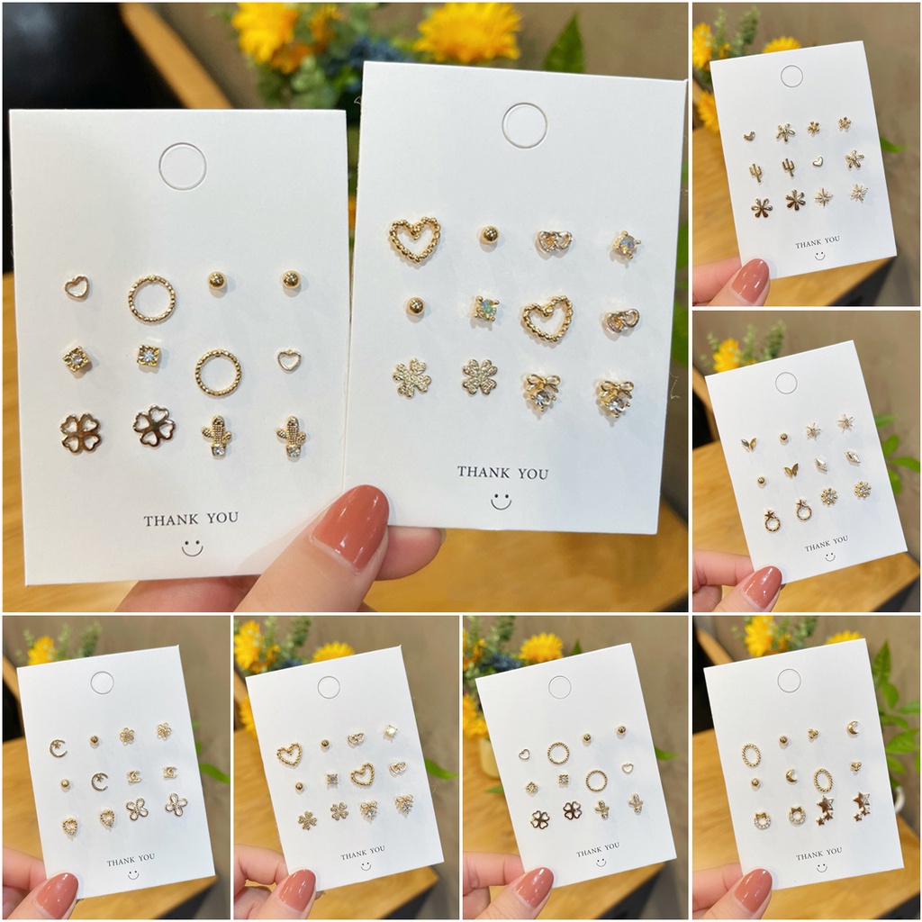 S925 Sterling Silver Needle Earrings 6pairs/set Plain Geometric Diamonds Simple Versatile Temperament Pierced Earrings Sweet Heart Jewelry