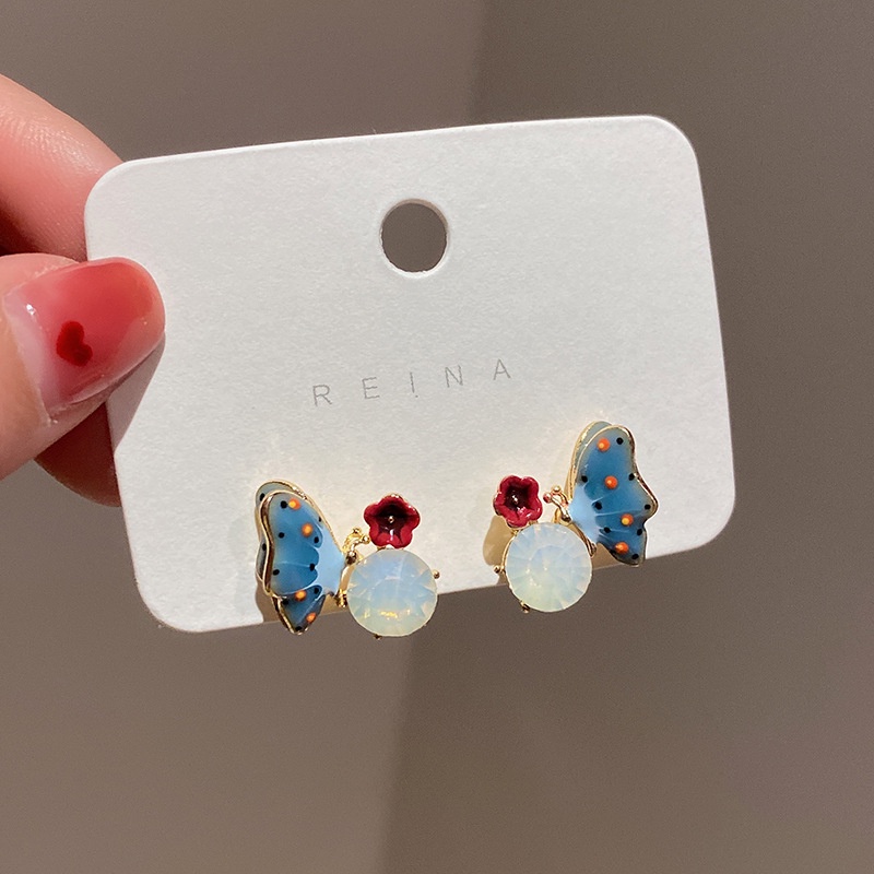 Vintage Dicat Bunga Merah Biru Kupu-Kupu Anting-Anting Wanita Korea sparkle Berlian Aksesoris Telinga