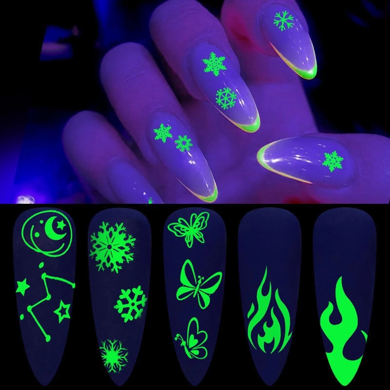 Stiker Kuku Desain Bunga Butterfly Api Bintang Bulan 3d Glitter Luminous Untuk Dekorasi Nail Art