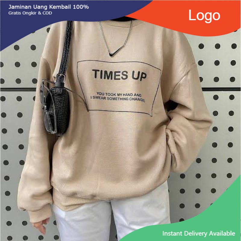 Sweter Unisex Wanita Pria Oversize Cewek Cowok Crewneck Times Up Basic