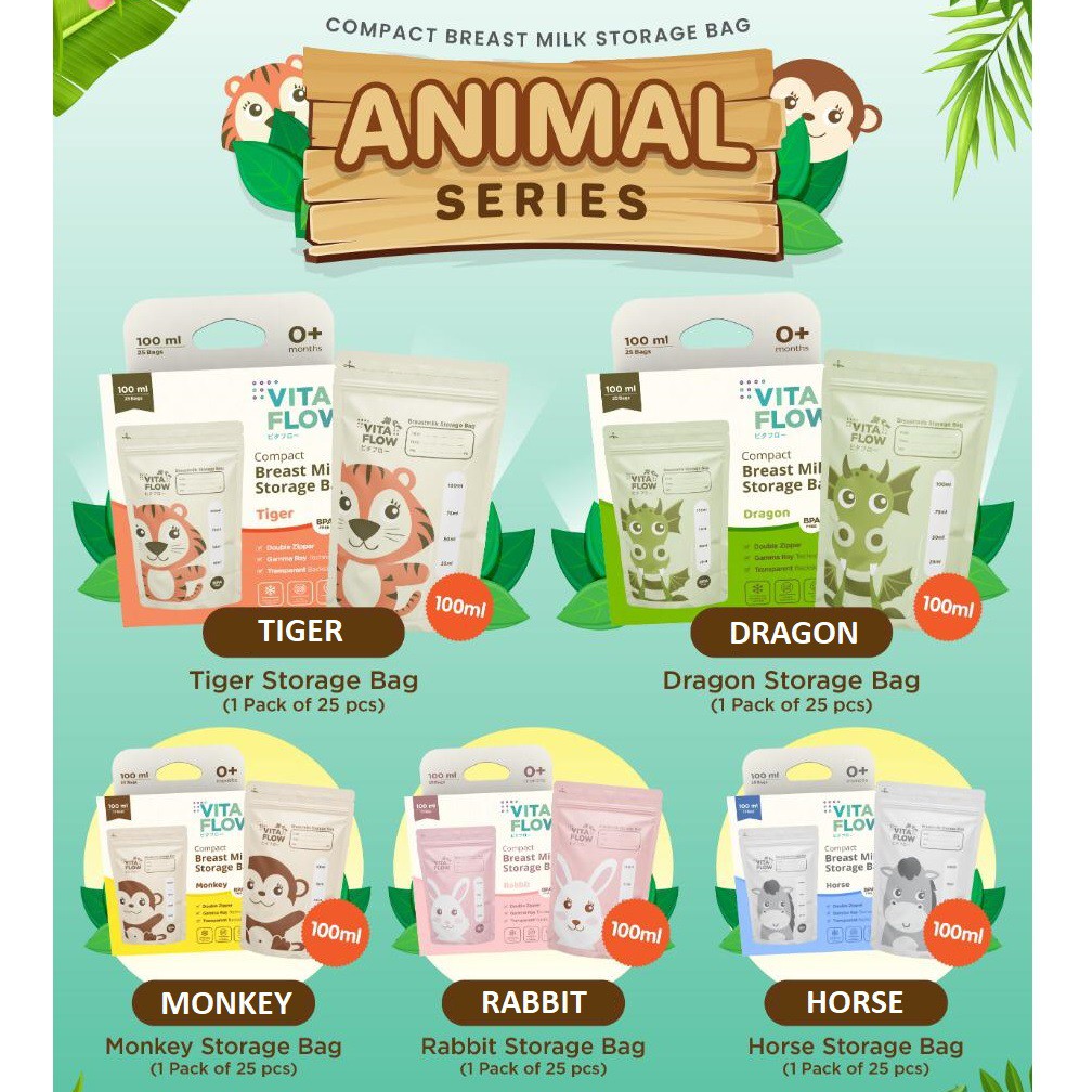 VitaFLow BreastMilk Storage Bag Kantong ASI Menyusui ANIMAL Series 100ml isi 25